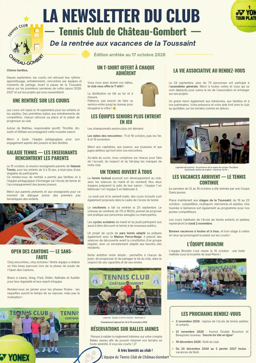 La newsletter du club — De la rentrée aux vacances de la Toussaint